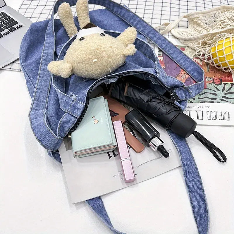 Trendy Teddy Bear Denim Tote Bag