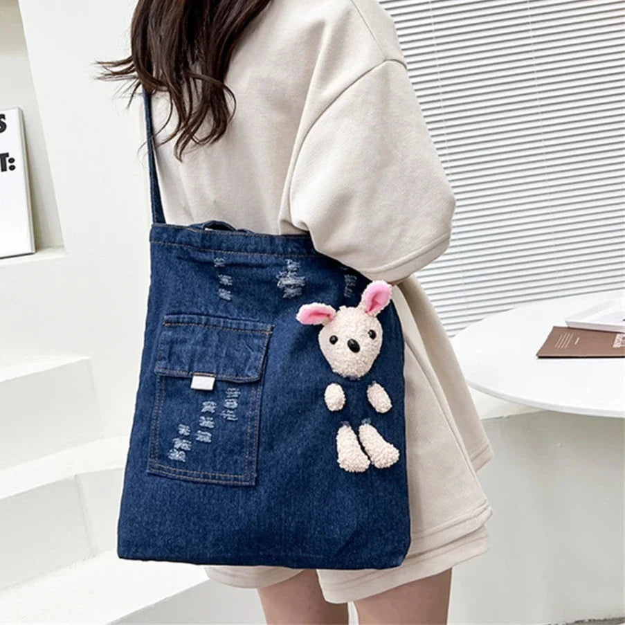 Trendy Teddy Bear Denim Tote Bag