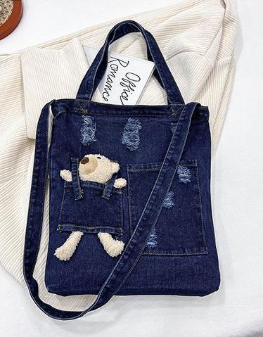 Trendy Teddy Bear Denim Tote Bag